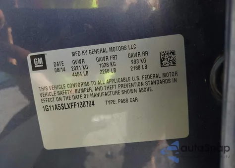 2015 Chevrolet Malibu 1Fl z USA, uszkodzony, nr VIN 1G11A5SLXFF138794